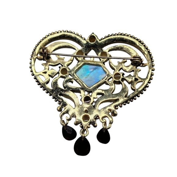 Gold Plated Enamel Heart Center Green Chalcedony Dangle Glass Rhinestone Accents - Picture 7 of 9